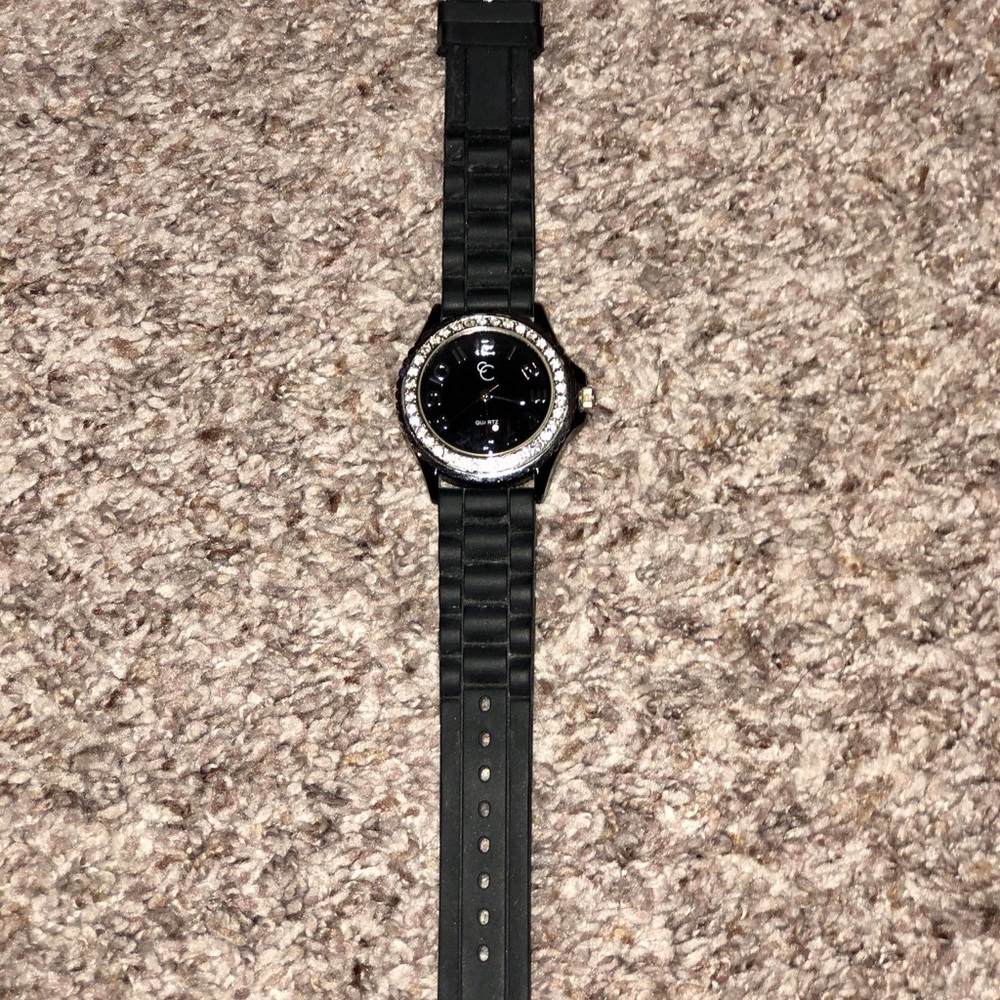 Charming Charlie Watch w/ Black Rubber Band and Crystal Bezel